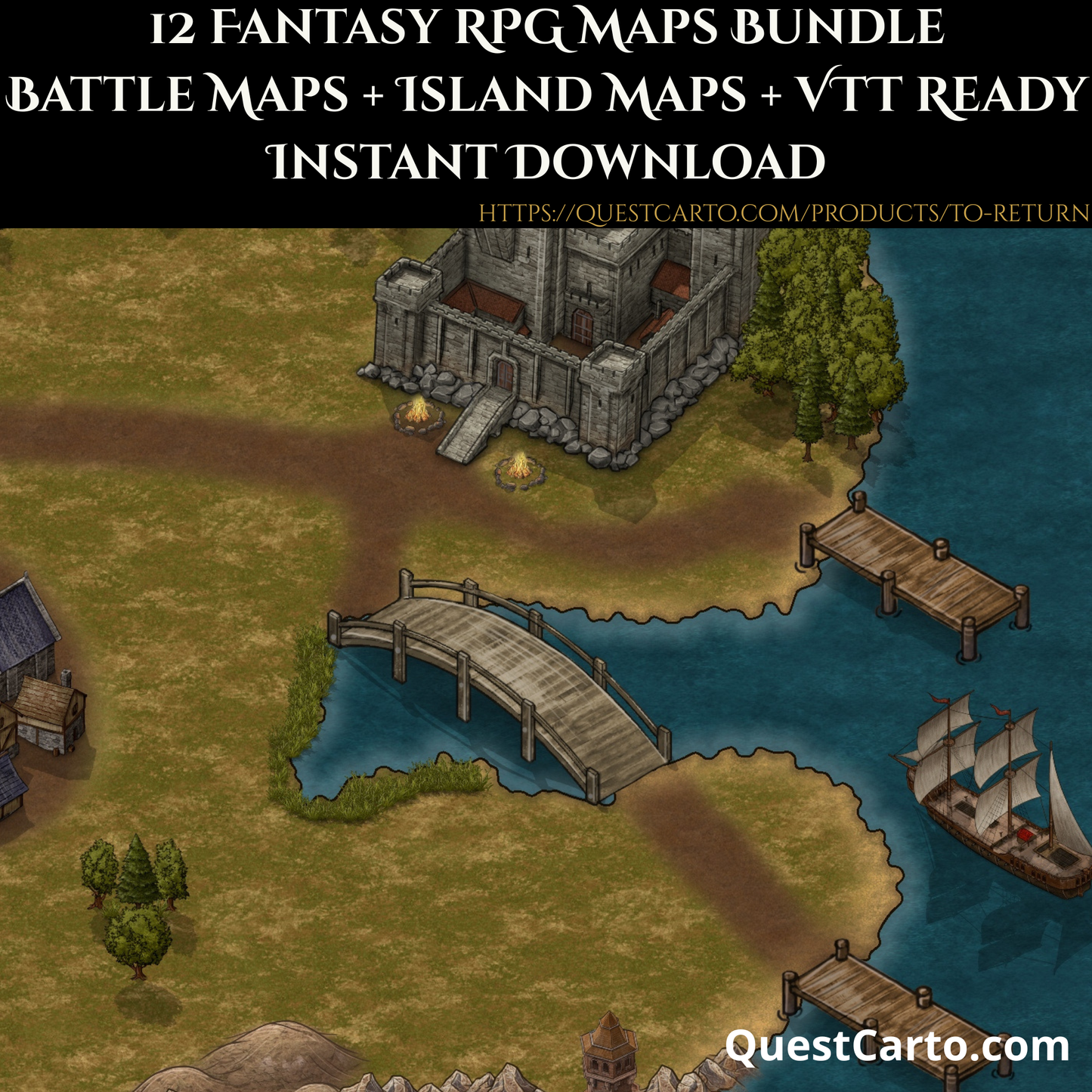 Fantasy Island Battle Map | TTRPG Riverside & Coastal Encounter Map | Grid and Gridless VTT | Digital Download