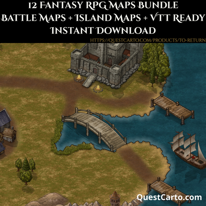 Fantasy Island Battle Map | TTRPG Riverside & Coastal Encounter Map | Grid and Gridless VTT | Digital Download