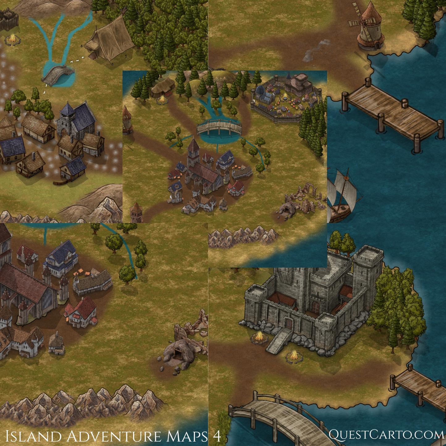 Fantasy Island Battle Map | TTRPG Riverside & Coastal Encounter Map | Grid and Gridless VTT | Digital Download